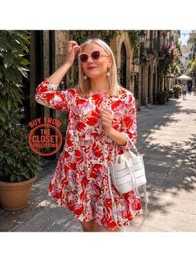 ZARA Floral Mini Dress NWT Pink Red Long Sleeve Ruffle Hem Vacation Dress S